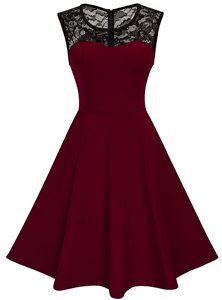 Low Price Burgundy Zipper Scoop Lace Cocktail Dress Satin Sleeveless