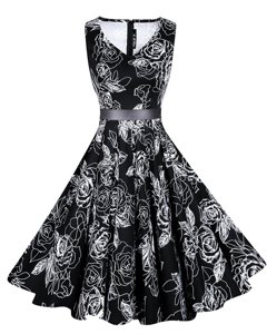 Super Knee Length Zipper Club Wear Black and In for Prom and Party with Sashes|ribbons and Pattern