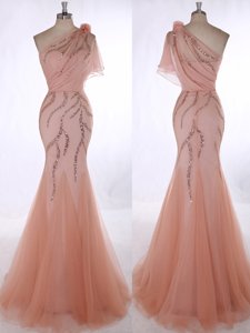 Fabulous Peach Zipper One Shoulder Beading and Hand Made Flower Prom Gown Tulle Sleeveless Brush Train