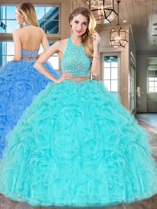 Designer Halter Top Sleeveless Floor Length Beading and Ruffles Backless Quince Ball Gowns with Aqua Blue