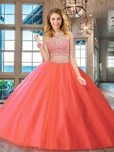 Ideal Scoop Sleeveless Backless Sweet 16 Dresses Watermelon Red Tulle