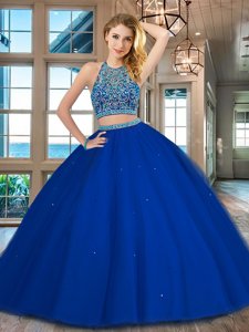Glorious Royal Blue Two Pieces Scoop Sleeveless Tulle Floor Length Backless Beading Sweet 16 Dresses