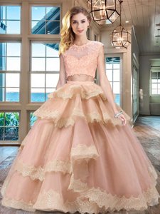 Unique Scoop Cap Sleeves Beading and Lace and Appliques and Ruffled Layers Zipper Quinceanera Gown