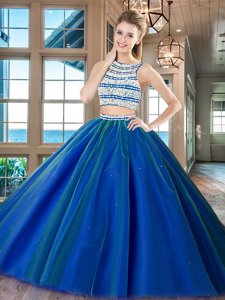 On Sale Scoop Royal Blue Two Pieces Beading 15 Quinceanera Dress Backless Tulle Sleeveless Floor Length