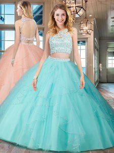On Sale Aqua Blue Scoop Backless Beading and Ruffles Sweet 16 Dresses Sleeveless