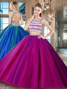Two Pieces Sweet 16 Dress Fuchsia Scoop Tulle Sleeveless Floor Length Backless