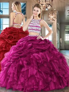 Scoop Backless Fuchsia Sleeveless Beading and Ruffles and Pick Ups Floor Length Quinceanera Dresses