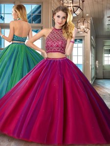 Adorable Halter Top Backless Fuchsia Sleeveless Brush Train Beading Quinceanera Dresses