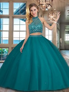 Halter Top Backless Teal Sleeveless Beading Floor Length Quinceanera Dress