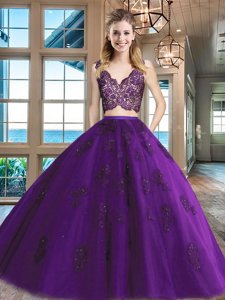 Purple Tulle Zipper Sweet 16 Quinceanera Dress Sleeveless Floor Length Lace and Appliques