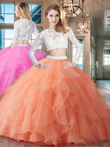 Extravagant Scoop Orange Two Pieces Beading and Lace and Ruffles Quinceanera Dress Zipper Organza Long Sleeves