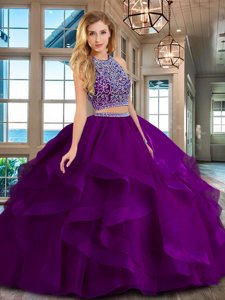 Scoop Royal Blue Sleeveless Tulle Brush Train Backless Sweet 16 Quinceanera Dress for Military Ball and Sweet 16 and Quinceanera