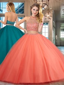 Fashion Halter Top Backless Floor Length Orange Red Quinceanera Gown Tulle Sleeveless Beading