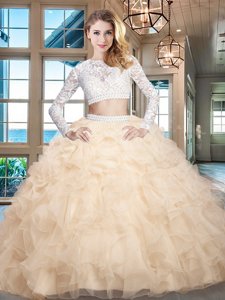 Sophisticated Champagne Scoop Neckline Beading and Lace and Ruffles 15 Quinceanera Dress Long Sleeves Zipper