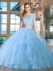 Light Blue Two Pieces Organza Scoop Cap Sleeves Beading and Appliques and Ruffles With Train Zipper Quince Ball Gowns Brush Train