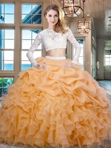 Scoop Gold Zipper Quinceanera Gowns Beading and Lace and Ruffles Long Sleeves Floor Length