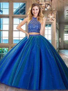 Free and Easy Light Blue Two Pieces Tulle Bateau Sleeveless Beading and Ruffles Floor Length Side Zipper 15 Quinceanera Dress