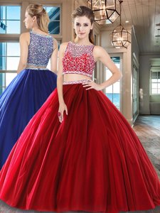 Colorful Wine Red Two Pieces Beading Quinceanera Dress Side Zipper Tulle Sleeveless Floor Length