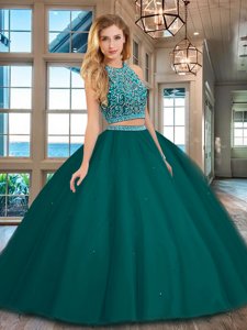 Dark Green Backless Scoop Beading 15th Birthday Dress Tulle Sleeveless