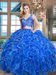 Inexpensive Blue Two Pieces V-neck Sleeveless Organza Asymmetrical Zipper Lace and Ruffles 15th Birthday Dress