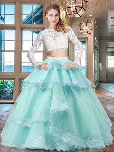 Top Selling Scoop Long Sleeves Zipper Floor Length Beading and Lace and Ruffled Layers Quinceanera Gown