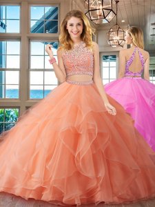 Fine Scoop Backless Organza Sleeveless Floor Length Quinceanera Dresses and Beading and Ruffles