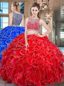 Two Pieces Sweet 16 Dresses Red Bateau Organza Sleeveless Floor Length Side Zipper