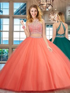 Glamorous Scoop Watermelon Red Two Pieces Beading Sweet 16 Dress Backless Tulle Sleeveless Floor Length