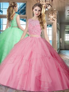 Rose Pink Two Pieces Tulle Bateau Sleeveless Lace and Ruffles With Train Lace Up Quinceanera Gown Brush Train