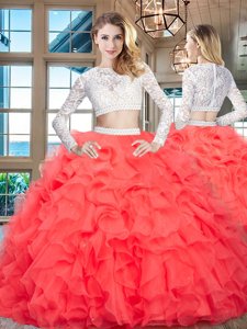 Scoop Long Sleeves Organza Vestidos de Quinceanera Beading and Lace and Ruffles Zipper