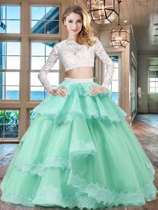 Sleeveless Floor Length Lace and Ruffles Zipper Quinceanera Gown with Turquoise