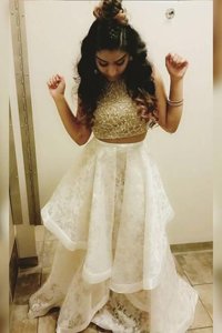 Scoop White A-line Beading and Ruffles Prom Dresses Zipper Lace Sleeveless With Train