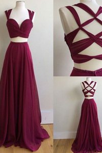 Burgundy Chiffon Criss Cross Dress for Prom Sleeveless With Train Sweep Train Ruching