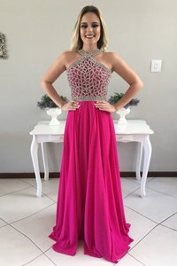 Admirable Halter Top With Train Fuchsia Chiffon Sweep Train Sleeveless Beading