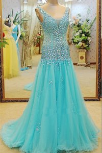 Aqua Blue A-line Organza V-neck Sleeveless Beading Zipper Homecoming Dress Brush Train