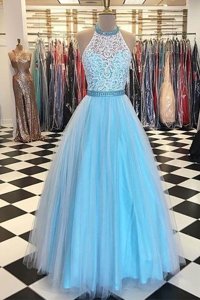 Most Popular Blue Zipper Halter Top Beading and Appliques Tulle Sleeveless