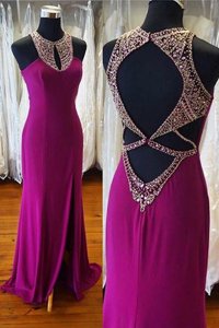 Edgy Fuchsia Scoop Neckline Beading Dress for Prom Sleeveless Backless