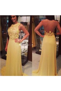 Floor Length Yellow Prom Evening Gown Scoop Sleeveless Backless