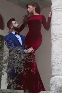 Luxurious Mermaid Bateau Long Sleeves Sweep Train Backless Burgundy Elastic Woven Satin