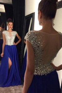 Royal Blue Chiffon Side Zipper Bateau Sleeveless Dress for Prom Sweep Train Beading