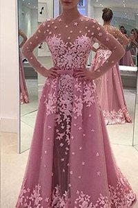 Stylish With Train Zipper Evening Dress Lilac and In for Prom with Appliques Sweep Train