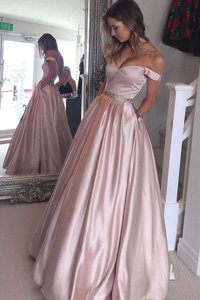 Pink A-line Satin Off The Shoulder Short Sleeves Beading Floor Length Zipper Dress for Prom