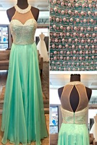 Floor Length Apple Green Prom Evening Gown Chiffon Sleeveless Beading
