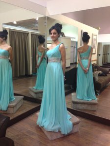 Best Selling One Shoulder Baby Blue Zipper Prom Party Dress Beading Sleeveless Sweep Train