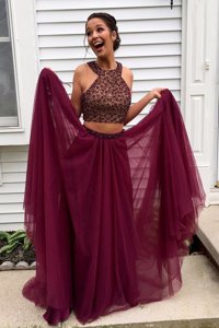 Customized Halter Top With Train Burgundy Prom Gown Tulle Sweep Train Sleeveless Beading
