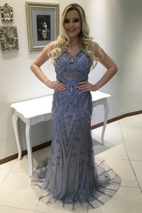 Mermaid V-neck Sleeveless Prom Evening Gown With Train Sweep Train Beading and Appliques Blue Tulle