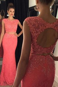 Mermaid Bateau Sleeveless With Train Sweep Train Beading and Appliques Watermelon Red Lace