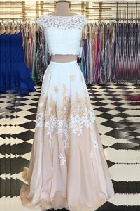 Chiffon Cap Sleeves Floor Length Dress for Prom and Beading and Lace