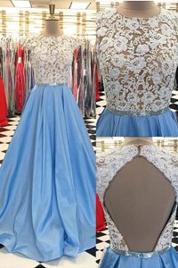 Scoop Cap Sleeves Sweep Train Backless Beading and Lace Dress for Prom