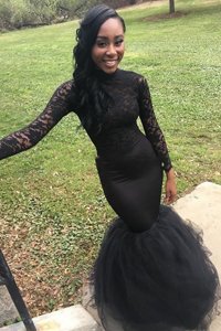 Mermaid Black Elastic Woven Satin Zipper Mother Of The Bride Dress Long Sleeves Floor Length Lace